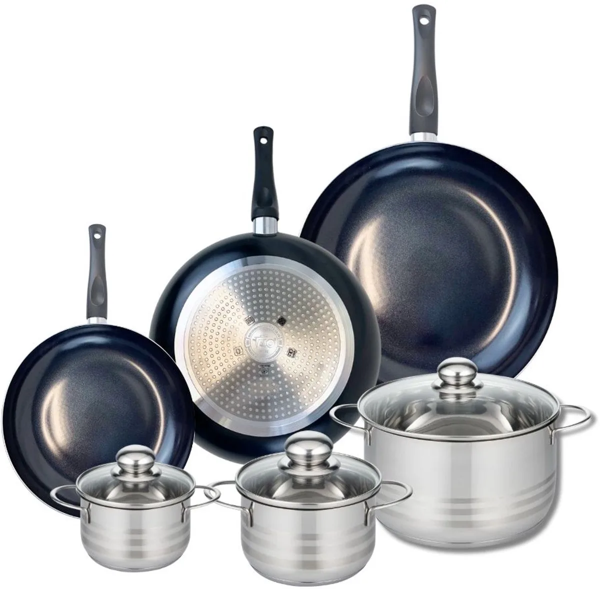 Set van 3 Koekenpannen 20, 24 en 28 cm en 3 kookpotten 12, 14 en 20 cm Elo Prima Brillant von Fackelmann in Schwarz – Produktfoto