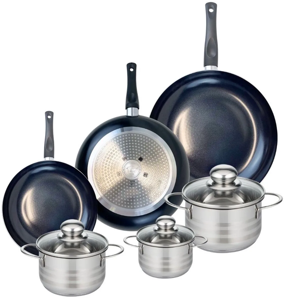 Set van 3 Koekenpannen 20, 24 en 28 cm en 3 kookpotten 12, 14 en 16 cm Elo Prima Brillant de Fackelmann en Noir – photo produit
