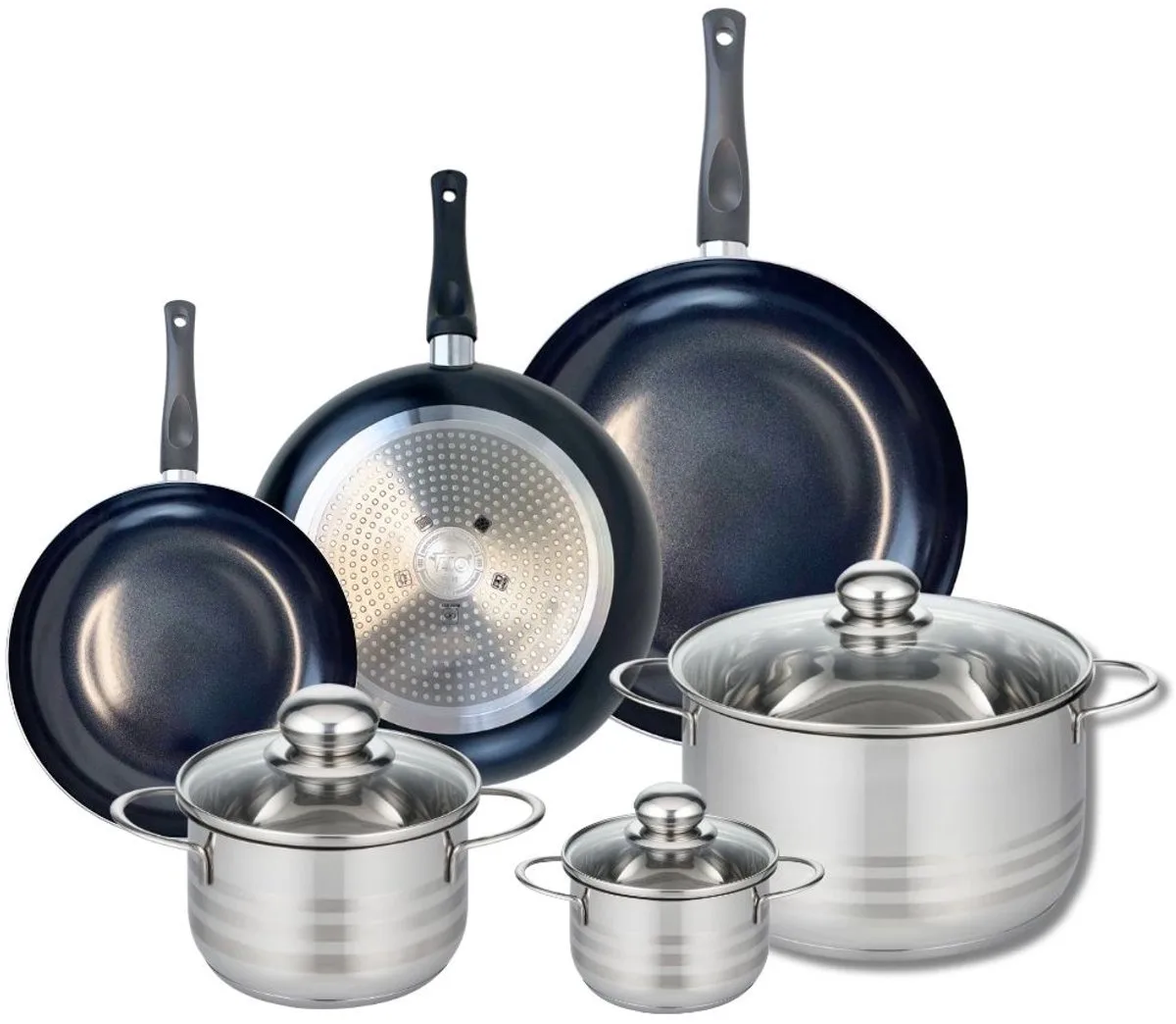 Set van 3 Koekenpannen 20, 24 en 28 cm en 3 kookpotten 12, 16 en 24 cm Elo Prima Brillant de Fackelmann en Noir – photo produit