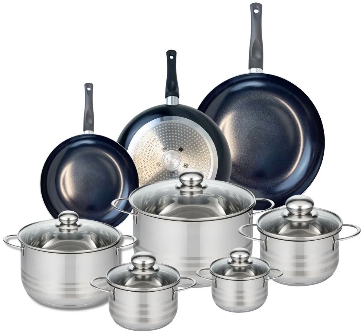 Set van 3 Koekenpannen 20, 24 en 28 cm en 5 braadpannen 12, 14, 16, 20 en 24 cm Elo Prima Glanzend van Fackelmann in Zwart – productfoto