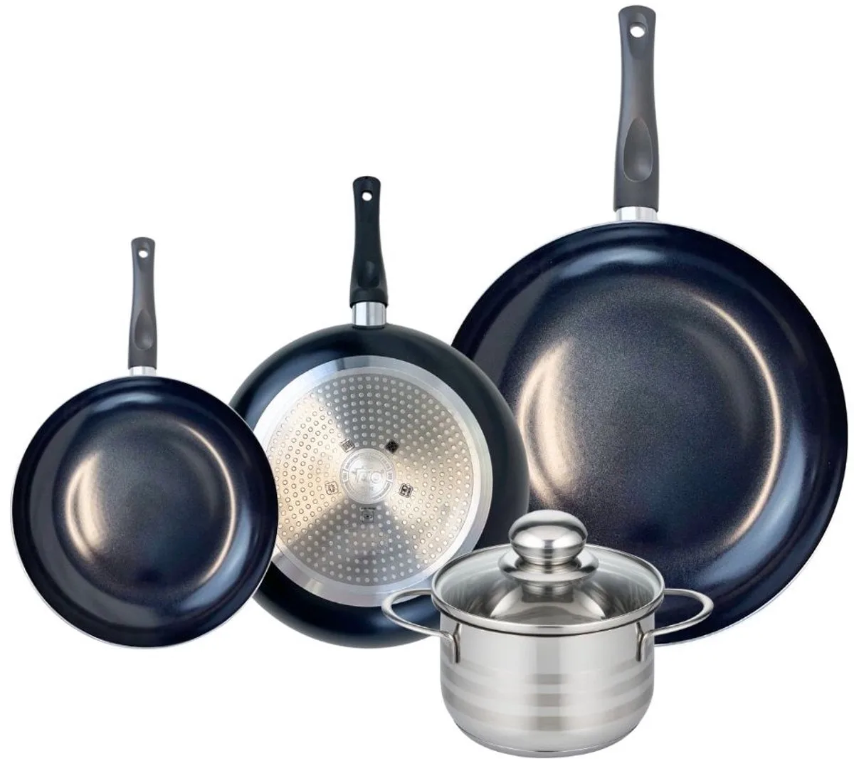 Set van 3 Koekenpannen 20, 24 en 32 cm en 1 braadpan 16 cm Elo Prima Brillant van Fackelmann in Zwart – productfoto