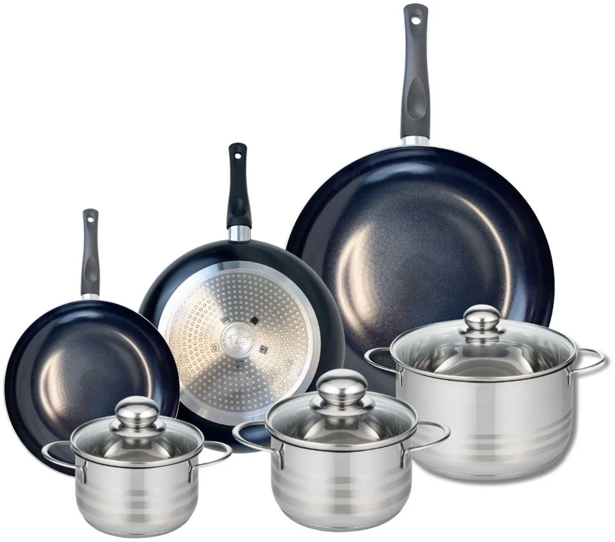 Set van 3 Koekenpannen 20, 24 en 32 cm en 3 kookpotten 14, 16 en 20 cm Elo Prima Brillant van Fackelmann in Zwart – productfoto