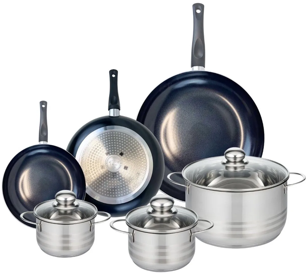 Set van 3 Koekenpannen 20, 24 en 32 cm en 3 kookpotten 14, 16 en 24 cm Elo Prima Brillant de Fackelmann en Noir – photo produit