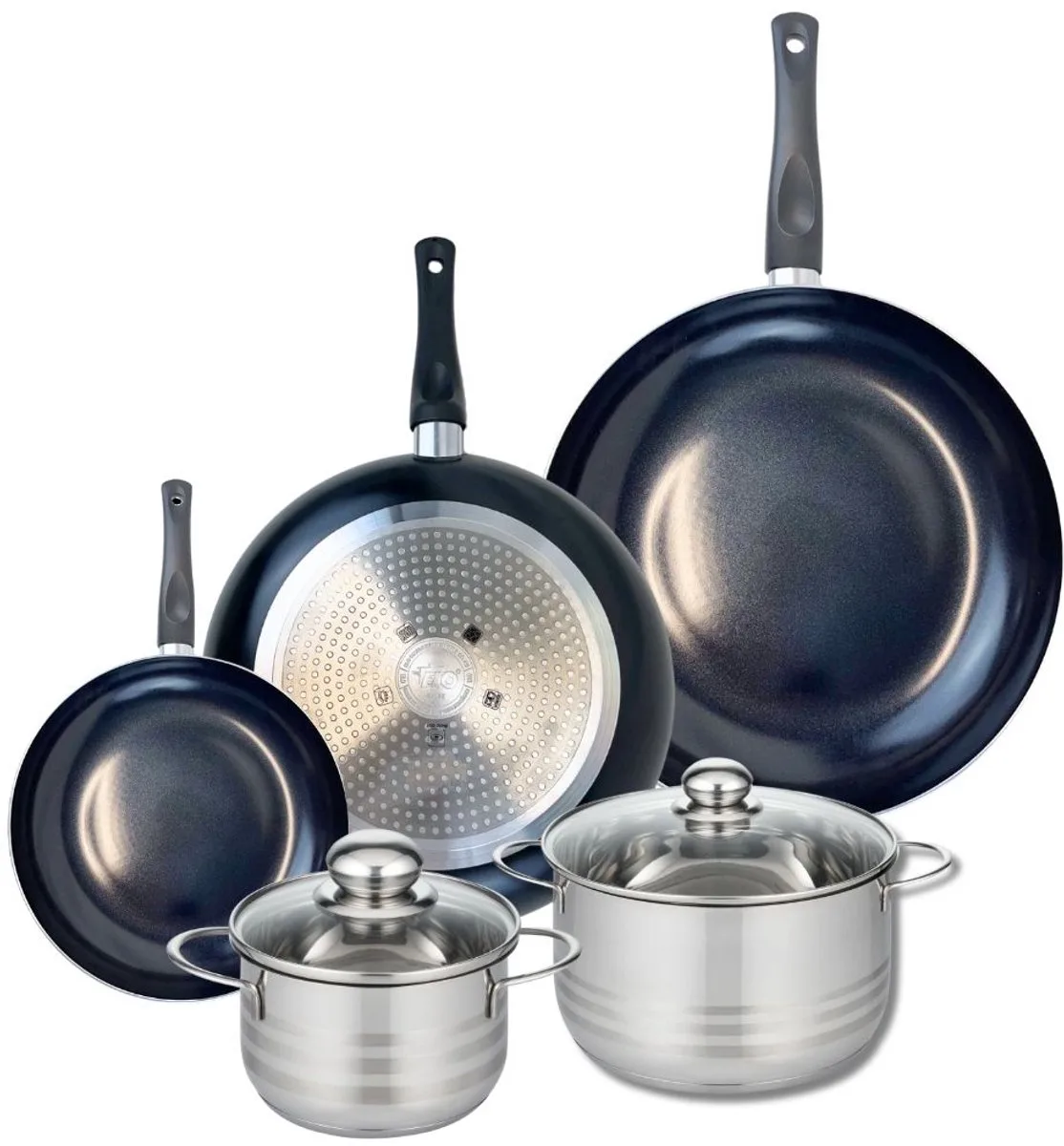 Set van 3 Koekenpannen 20, 28 en 32 cm en 2 braadpannen 16 en 20 cm Elo Prima Glanzend van Fackelmann in Zwart – productfoto