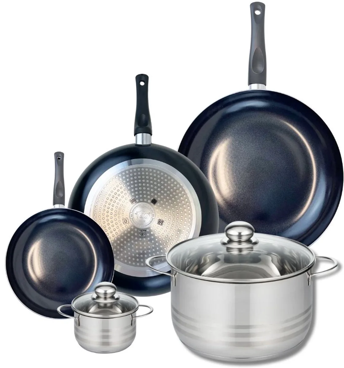 Set van 3 Koekenpannen 20, 28 en 32 cm en 2 kookpotten 12 en 24 cm Elo Prima Glanzend från Fackelmann i Svart – produktbild