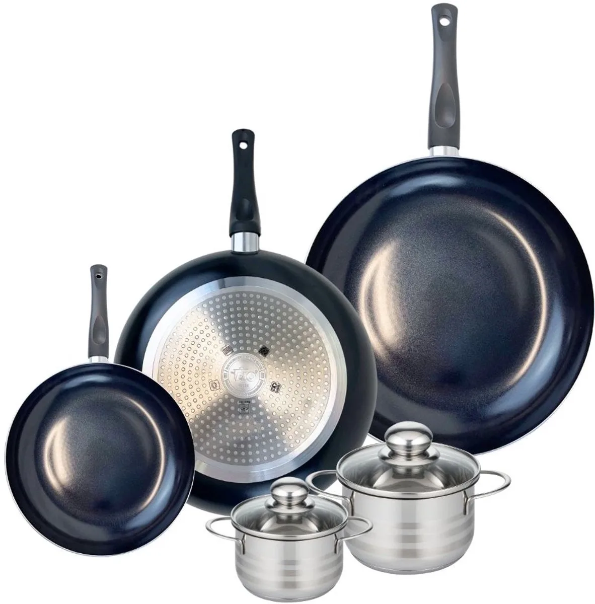 Set van 3 Koekenpannen 20, 28 en 32 cm en 2 kookpotten 12 en 14 cm Elo Prima Brillant de Fackelmann en Noir – photo produit