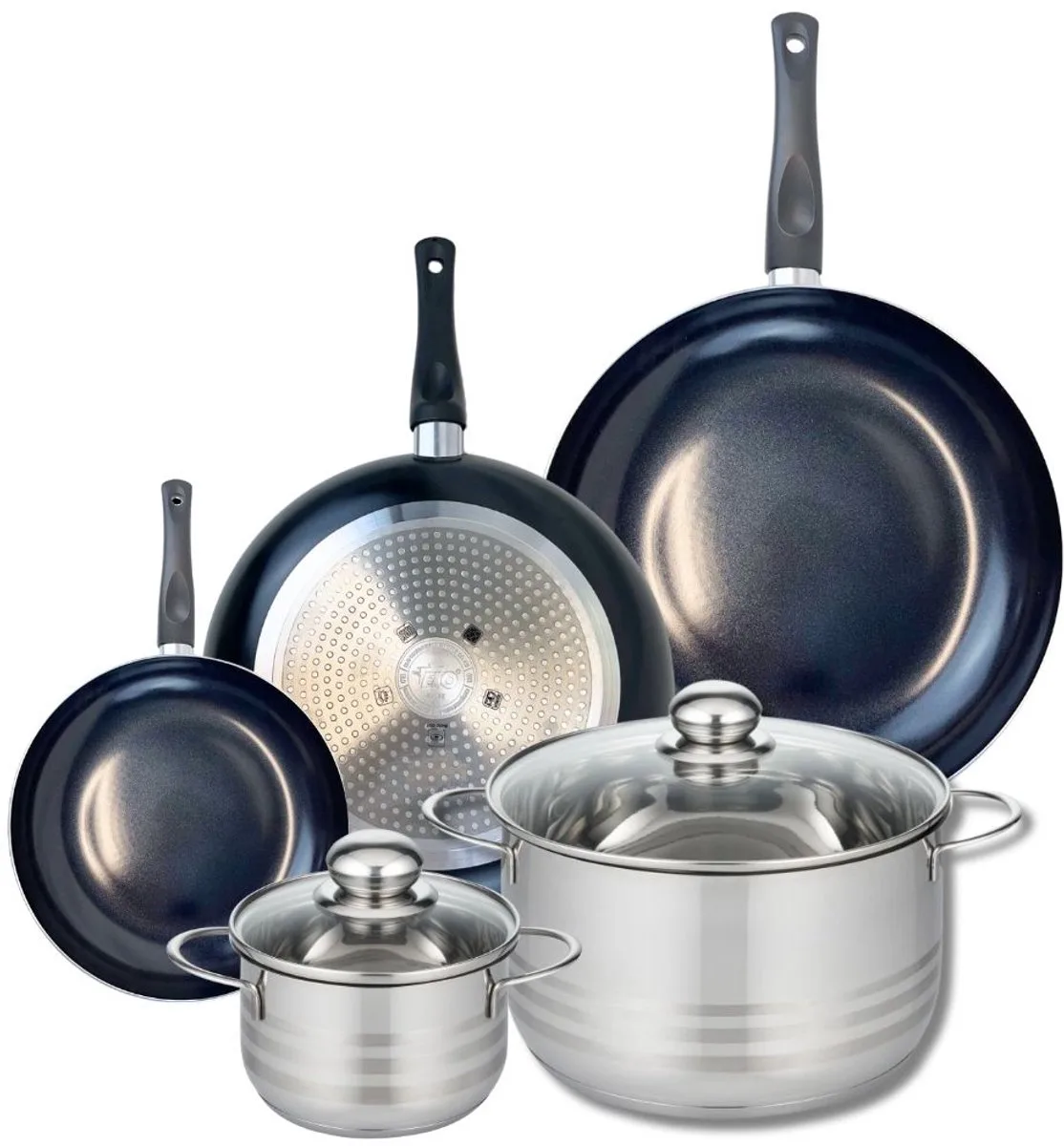 Set van 3 Koekenpannen 20, 28 en 32 cm en 2 kookpotten 14 en 24 cm Elo Prima Glanzend van Fackelmann in Zwart – productfoto