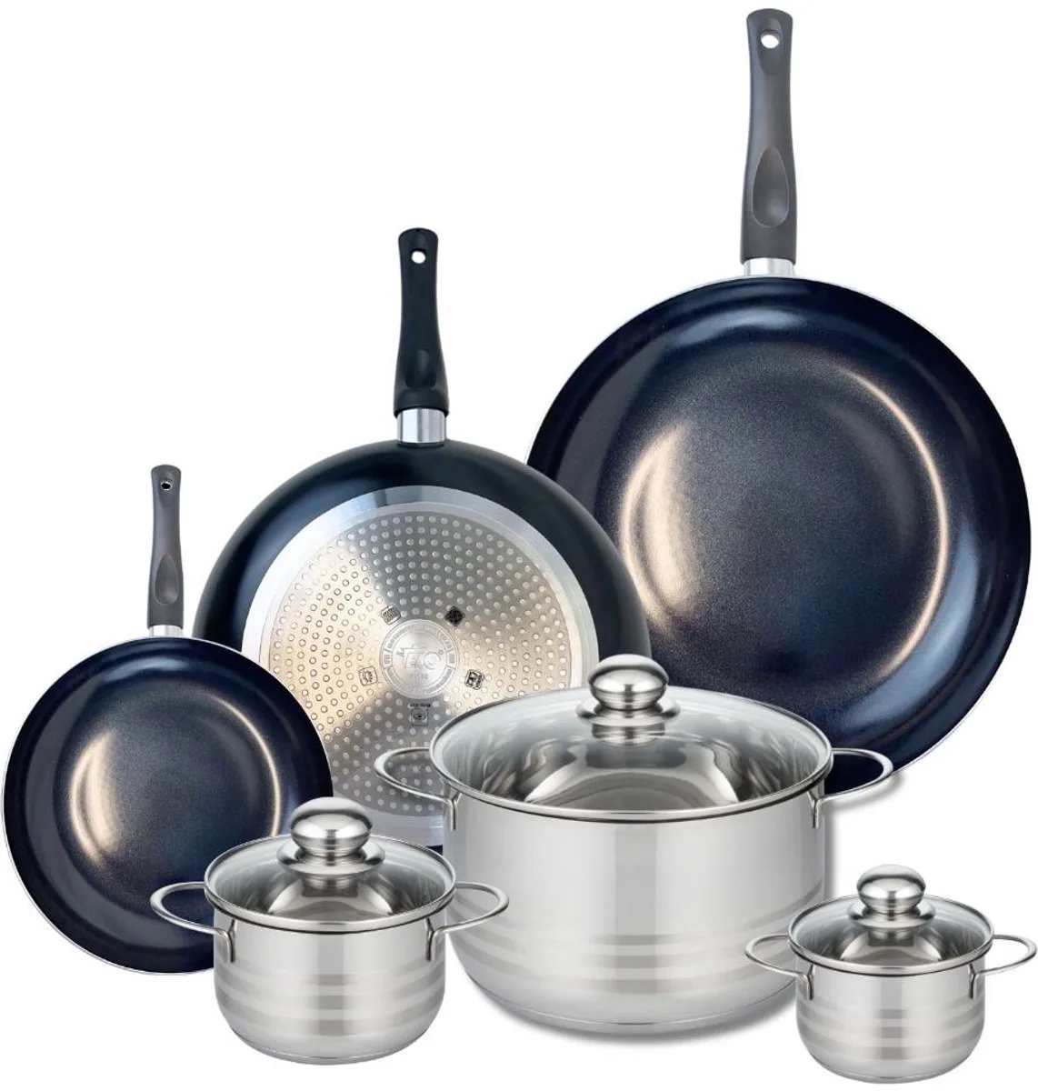 Set van 3 Koekenpannen 20, 28 en 32 cm en 3 kookpotten 12, 14 en 24 cm Elo Prima Brillant by Fackelmann in Black – product photo