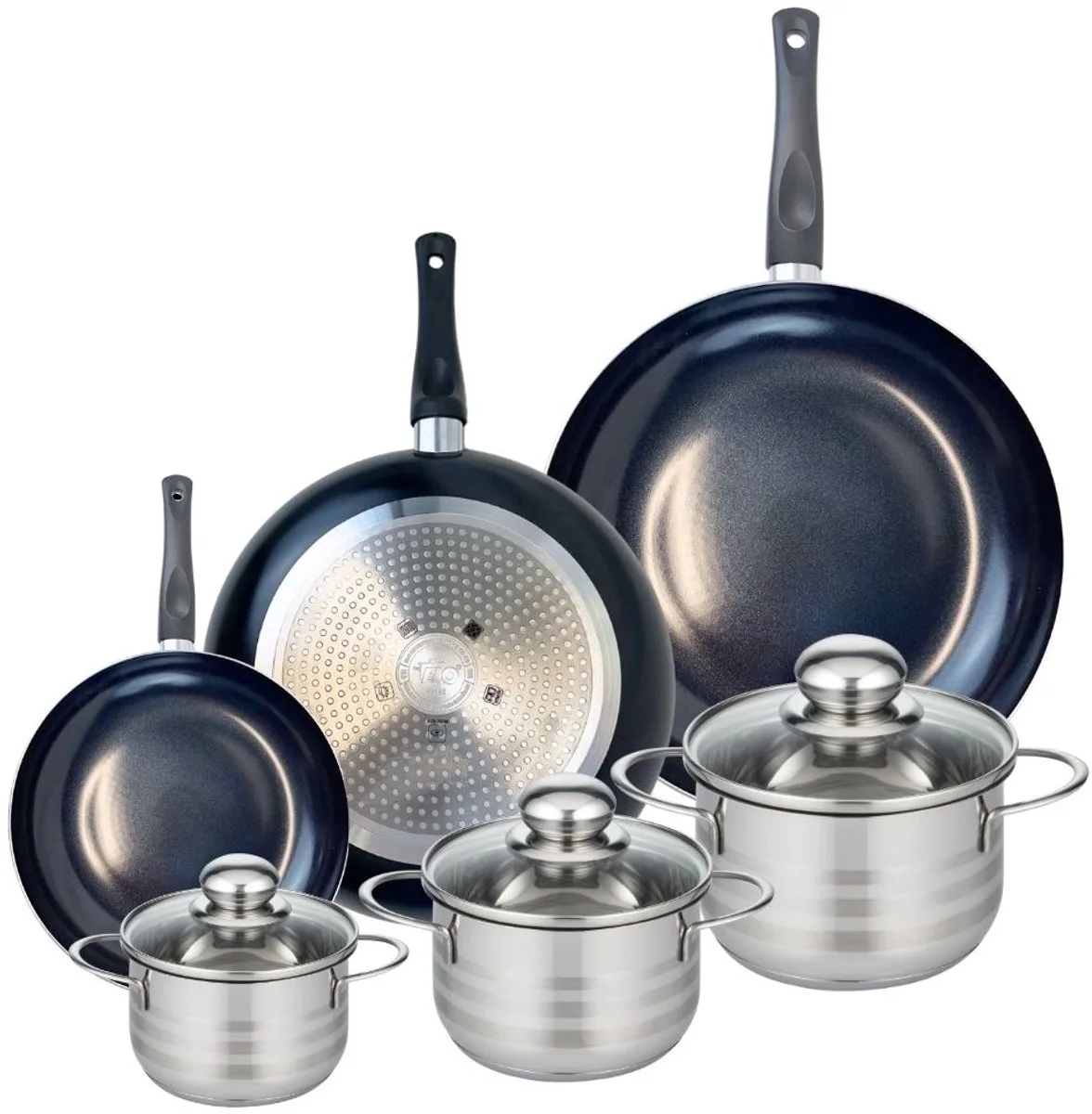 Set van 3 Koekenpannen 20, 28 en 32 cm en 3 kookpotten 12, 14 en 16 cm Elo Prima Brillant van Fackelmann in Zwart – productfoto