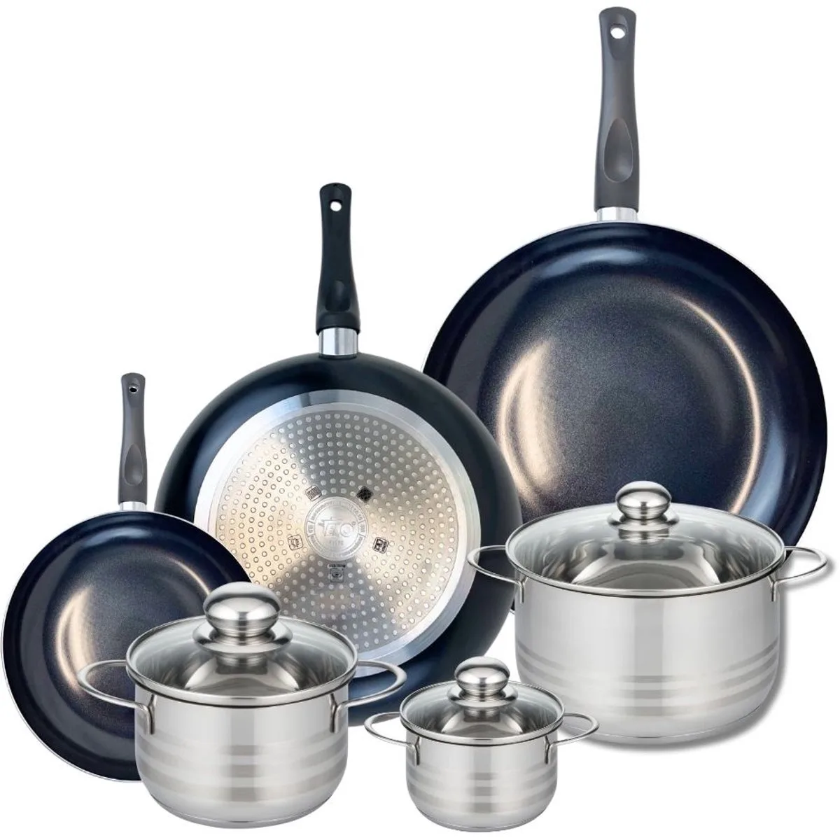 Set van 3 Koekenpannen 20, 28 en 32 cm en 3 kookpotten 12, 16 en 20 cm Elo Prima Brillant van Fackelmann in Zwart – productfoto