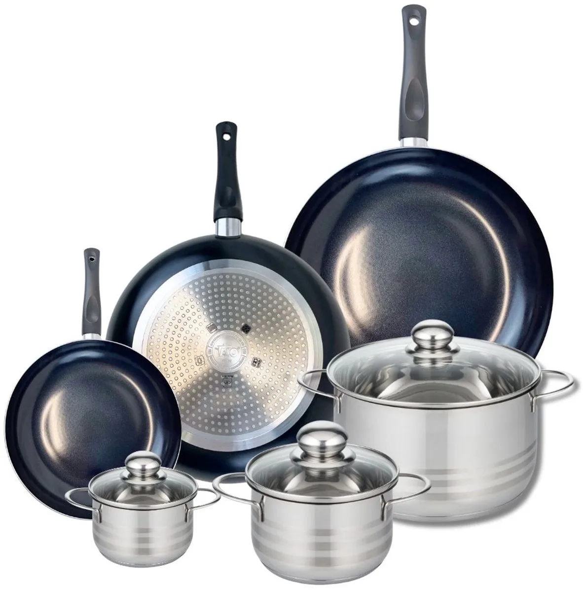 Set van 3 Koekenpannen 20, 28 en 32 cm en 3 kookpotten 12, 16 en 24 cm Elo Prima Brillant van Fackelmann in Zwart – productfoto