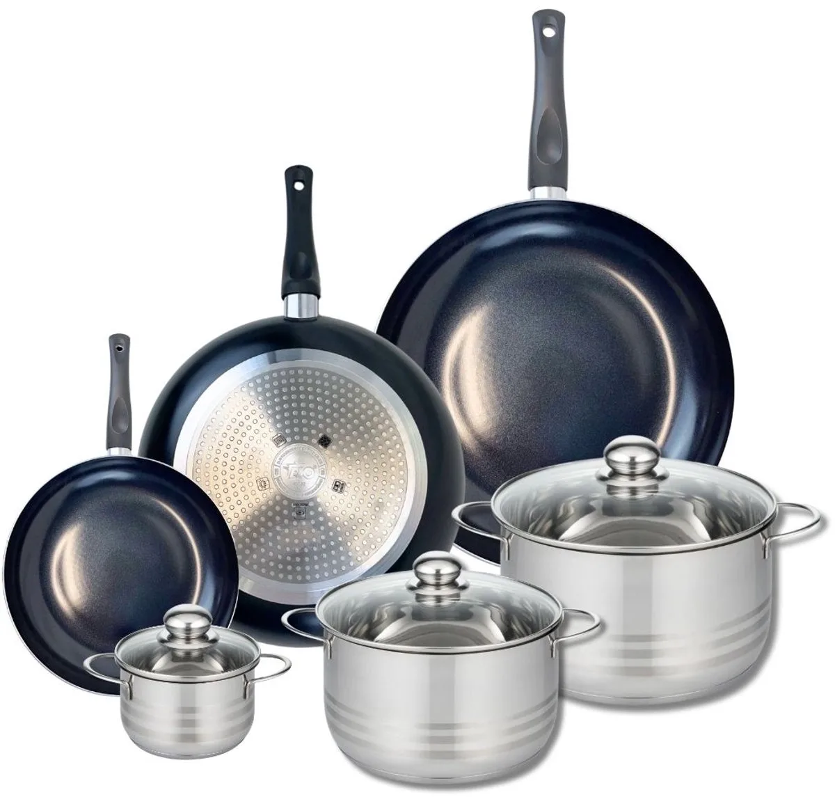 Set van 3 Koekenpannen 20, 28 en 32 cm en 3 kookpotten 12, 20 en 24 cm Elo Prima Brillant van Fackelmann in Zwart – productfoto