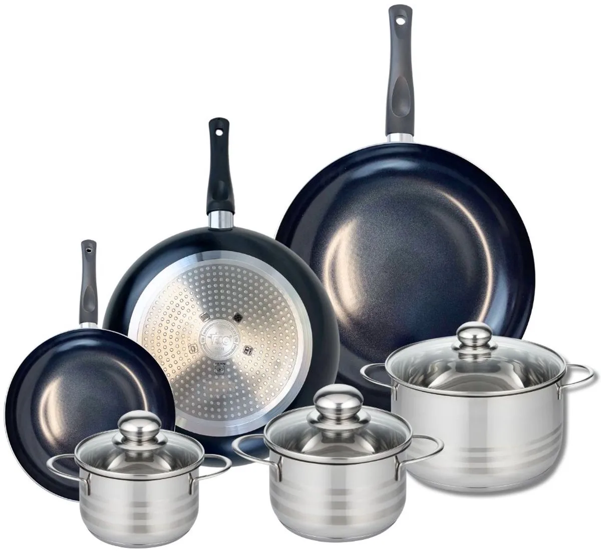 Set van 3 Koekenpannen 20, 28 en 32 cm en 3 kookpotten 14, 16 en 20 cm Elo Prima Brillant van Fackelmann in Zwart – productfoto