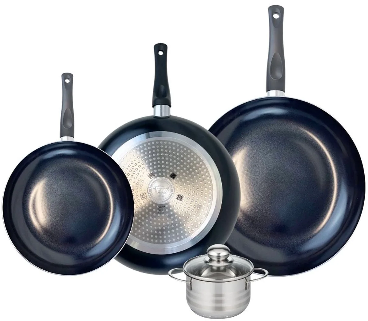 Set van 3 Koekenpannen 24, 28 en 32 cm en 1 braadpan 12 cm Elo Prima Brillant van Fackelmann in Zwart – productfoto