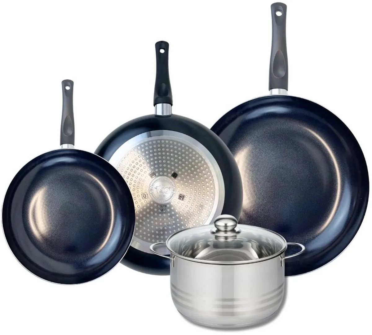 Set van 3 Koekenpannen 24, 28 en 32 cm en 1 braadpan 20 cm Elo Prima Brillant van Fackelmann in Zwart – productfoto