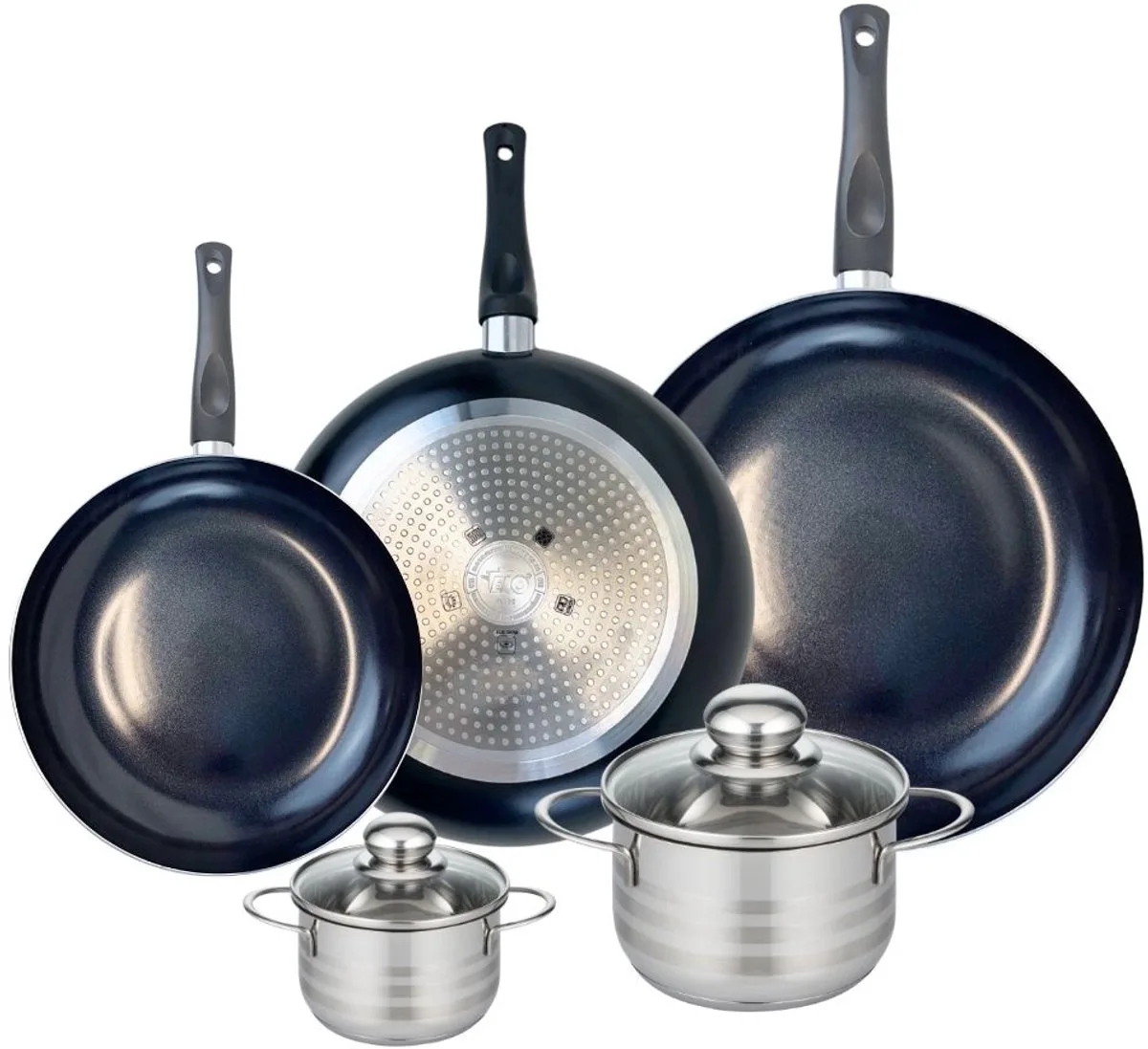 Set van 3 Koekenpannen 24, 28 en 32 cm en 2 kookpotten 12 en 16 cm Elo Prima Glanzend van Fackelmann in Zwart – productfoto