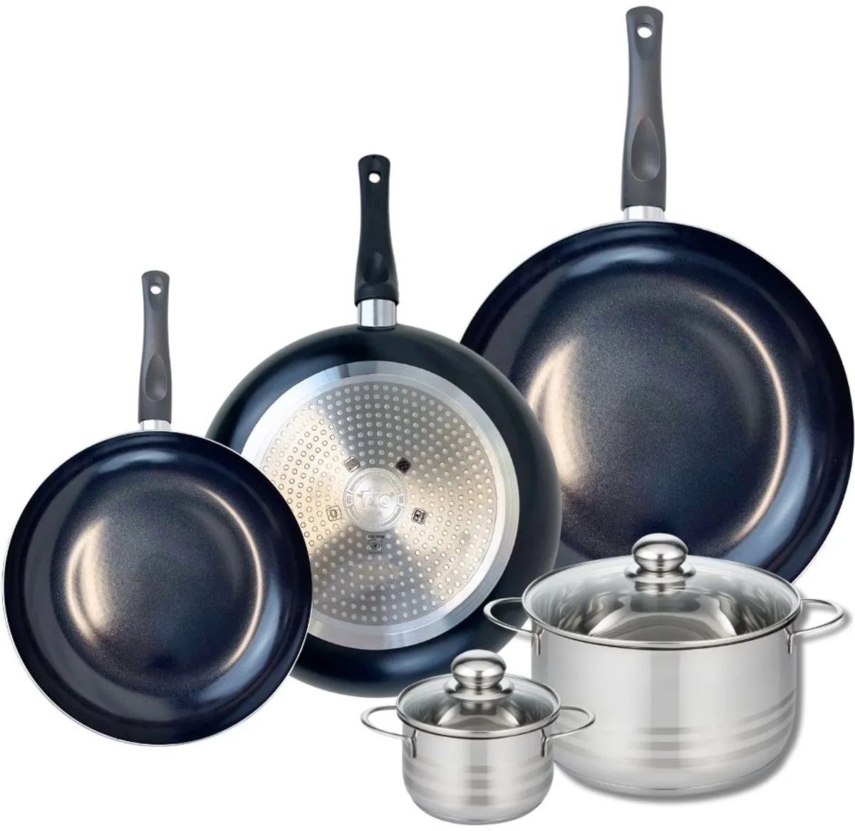 Set van 3 Koekenpannen 24, 28 en 32 cm en 2 kookpotten 12 en 20 cm Elo Prima Glanzend by Fackelmann in Black – product photo