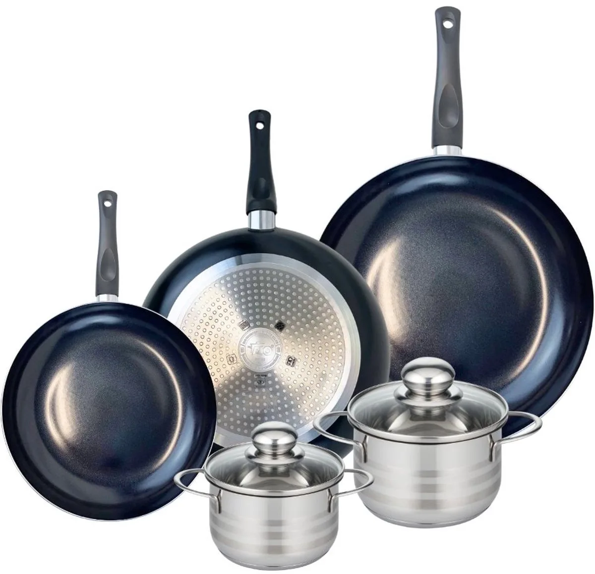 Set van 3 Koekenpannen 24, 28 en 32 cm en 2 kookpotten 14 en 16 cm Elo Prima Glanzend van Fackelmann in Zwart – productfoto