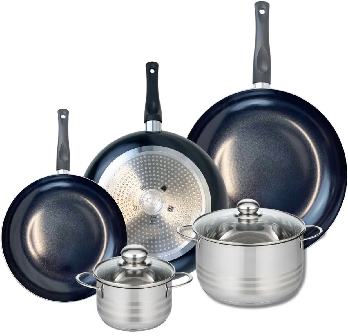 Set van 3 Koekenpannen 24, 28 en 32 cm en 2 kookpotten 14 en 20 cm Elo Prima Glanzend by Fackelmann in Black – product photo