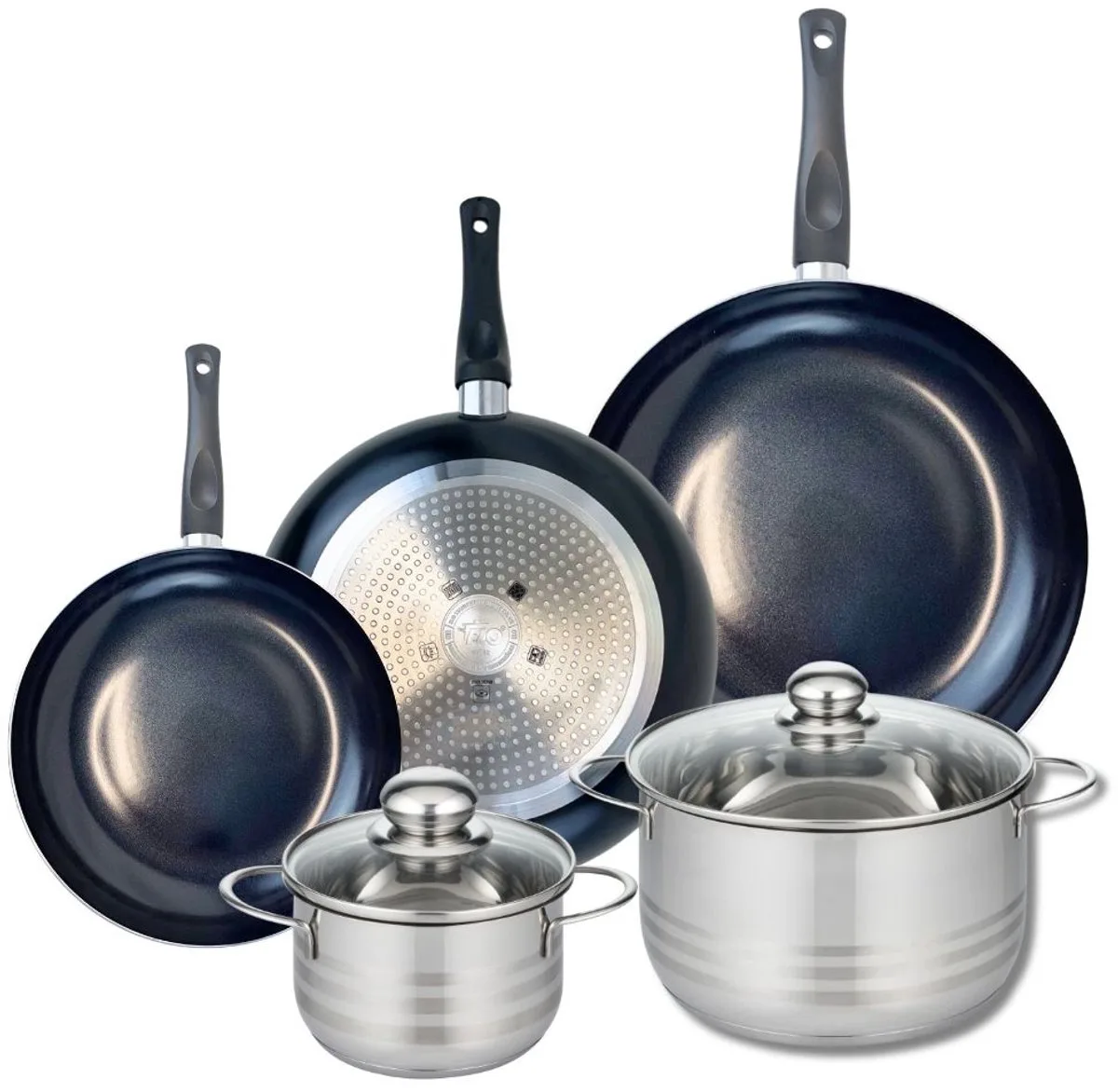 Set van 3 Koekenpannen 24, 28 en 32 cm en 2 kookpotten 16 en 24 cm Elo Prima Glanzend van Fackelmann in Zwart – productfoto