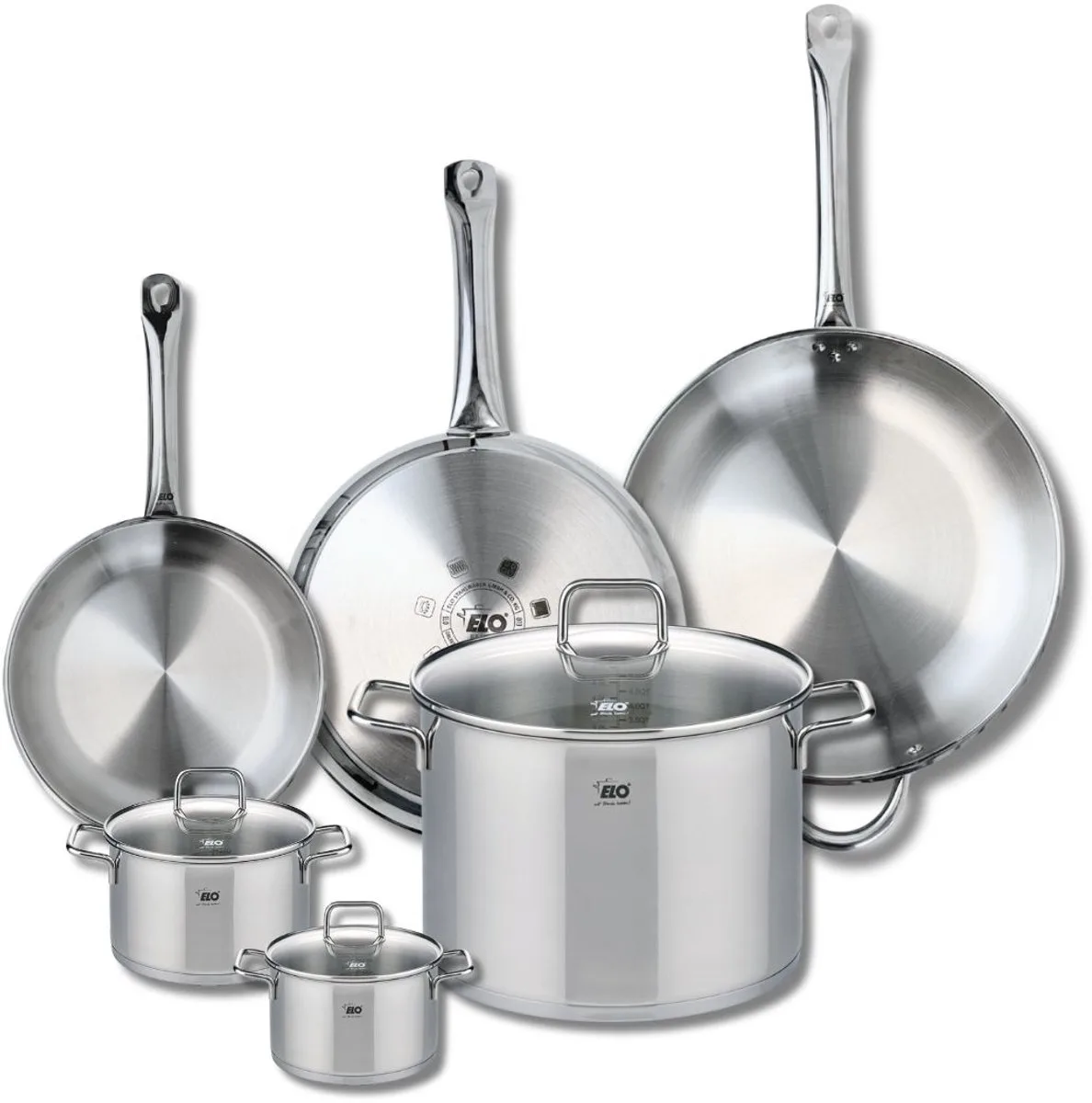 Set van 3 Koekenpannen 24, 28 en 32 cm en 3 kookpotten 12, 14 en 26 cm Elo Profi Citrin van Fackelmann in Grijs – productfoto