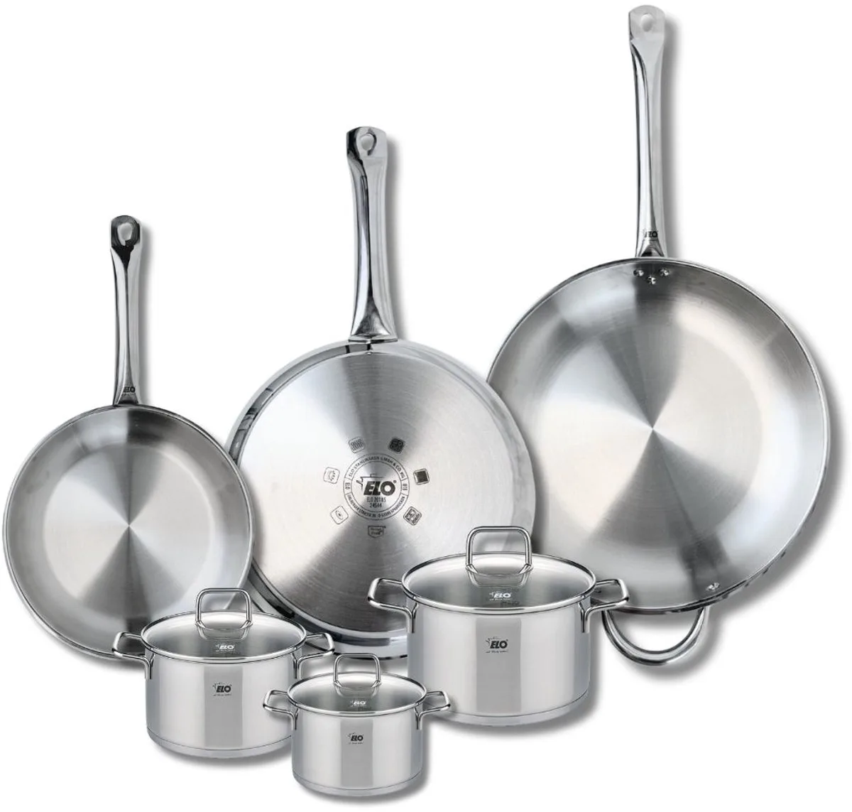 Set van 3 Koekenpannen 24, 28 en 32 cm en 3 kookpotten 12, 14 en 16 cm Elo Profi Citrin de Fackelmann en Gris – photo produit