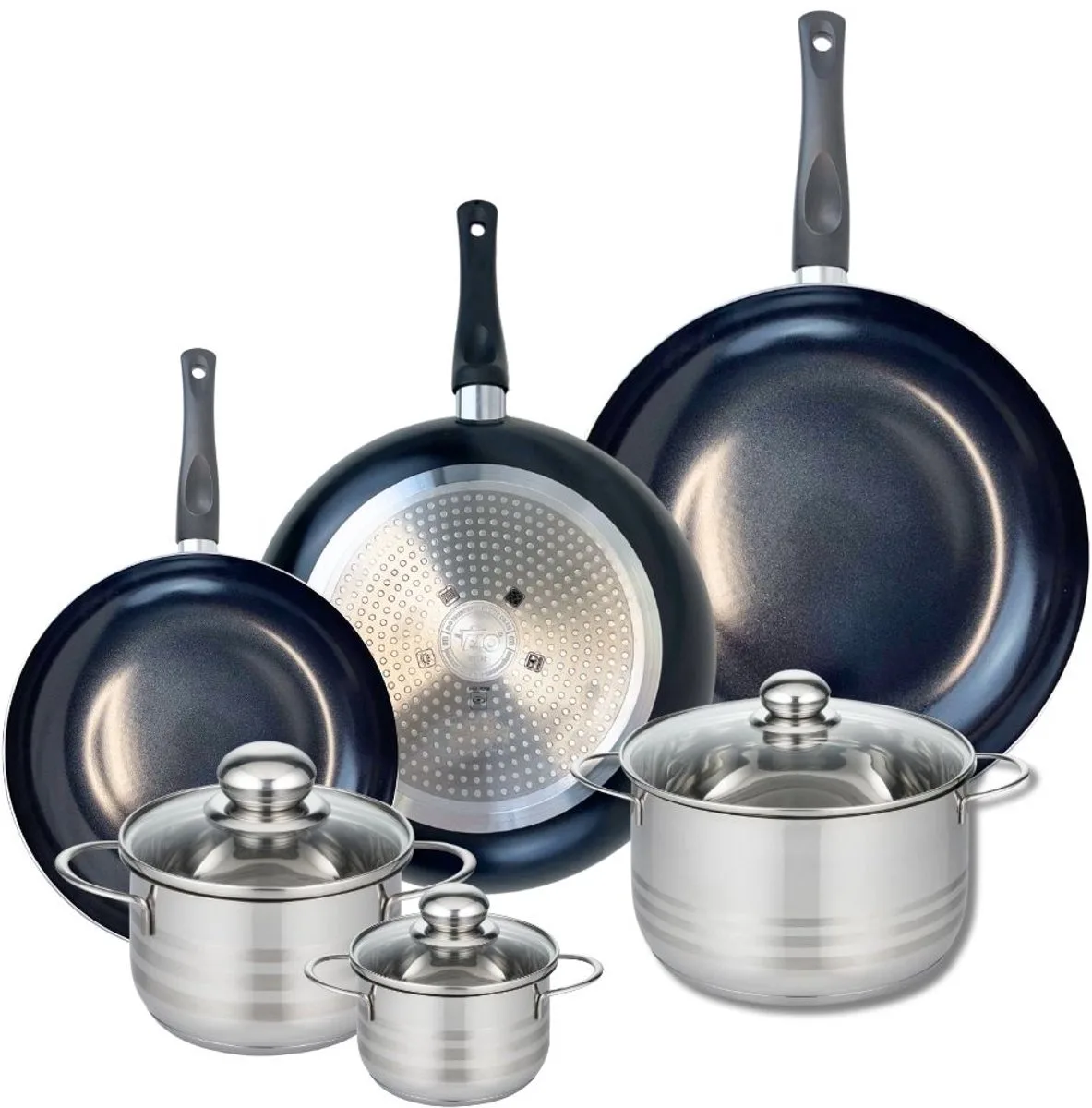 Set van 3 Koekenpannen 24, 28 en 32 cm en 3 kookpotten 12, 16 en 20 cm Elo Prima Glanzend från Fackelmann i Svart – produktbild
