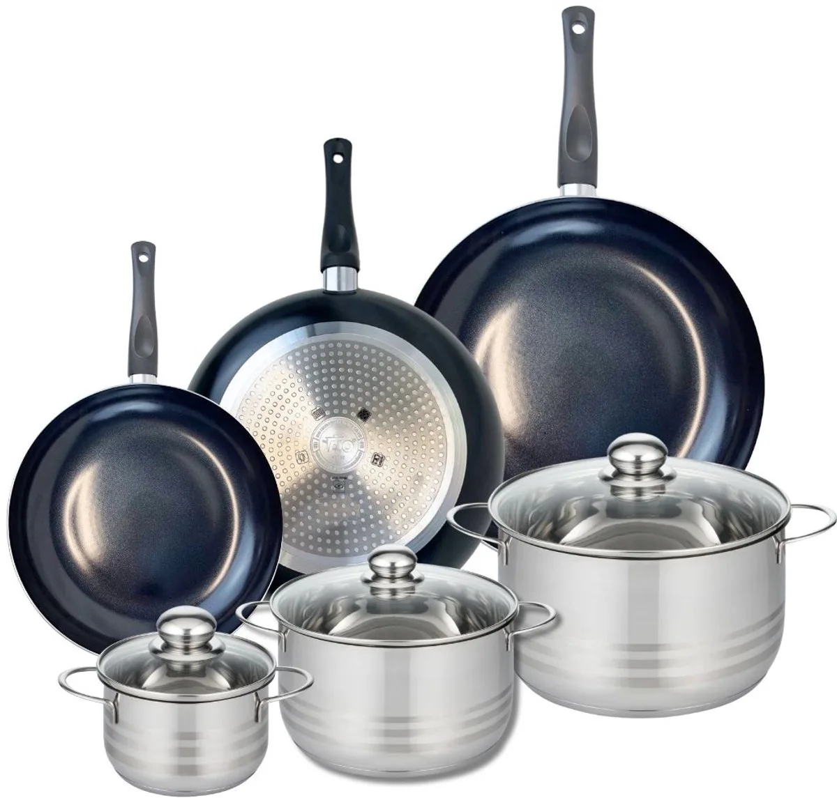 Set van 3 Koekenpannen 24, 28 en 32 cm en 3 kookpotten 14, 20 en 24 cm Elo Prima Brillant de Fackelmann en Noir – photo produit