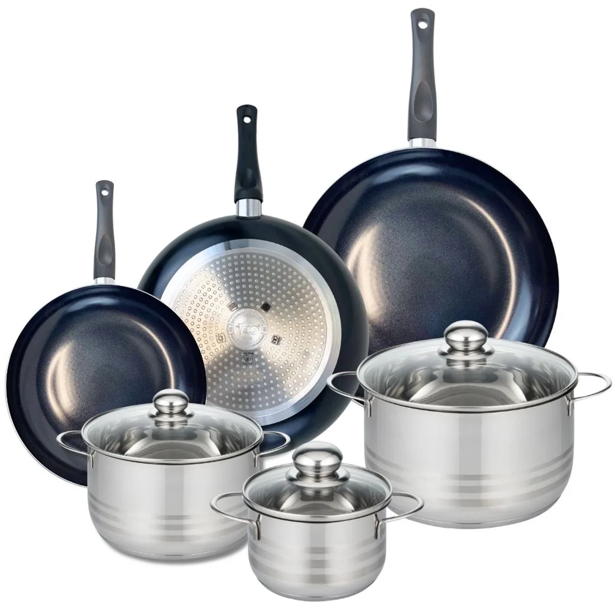 Set van 3 Koekenpannen 24, 28 en 32 cm en 3 kookpotten 16, 20 en 24 cm Elo Prima Glanzend från Fackelmann i Svart – produktbild
