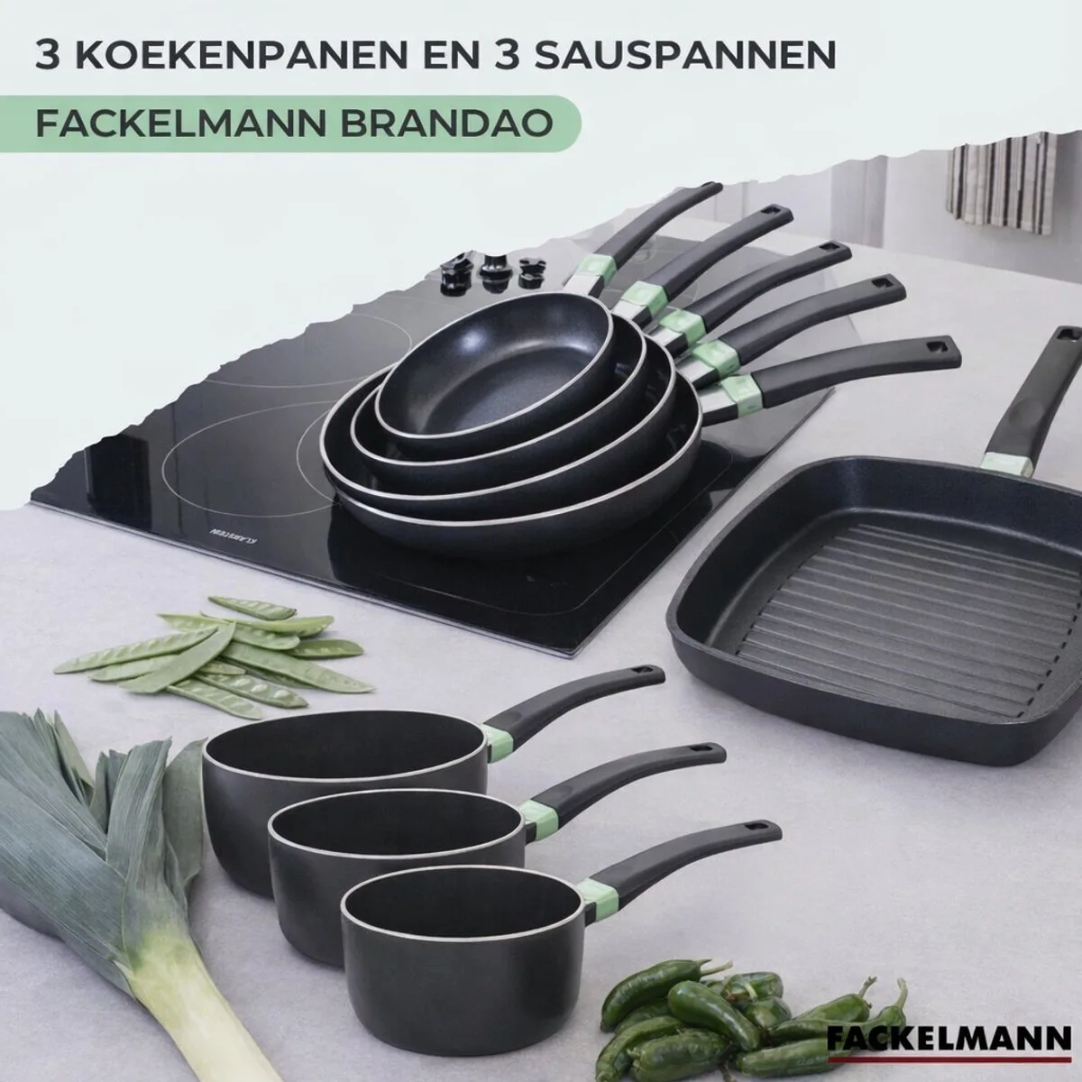 Set van 3 koekenpannen van 24, 28 en 30 cm en 3 steelpannen van 16, 18 en 20 cm Fackelmann Brandao de Fackelmann en Noir, Vert – photo produit