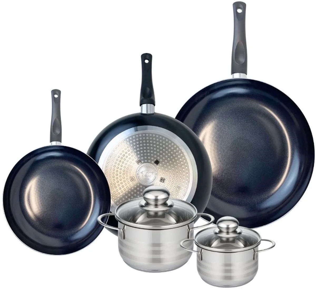 Set van 3 Kookpannen 20, 24 en 28 cm en 2 braadpannen 12 en 14 cm Elo Prima Brillant von Fackelmann in Schwarz – Produktfoto