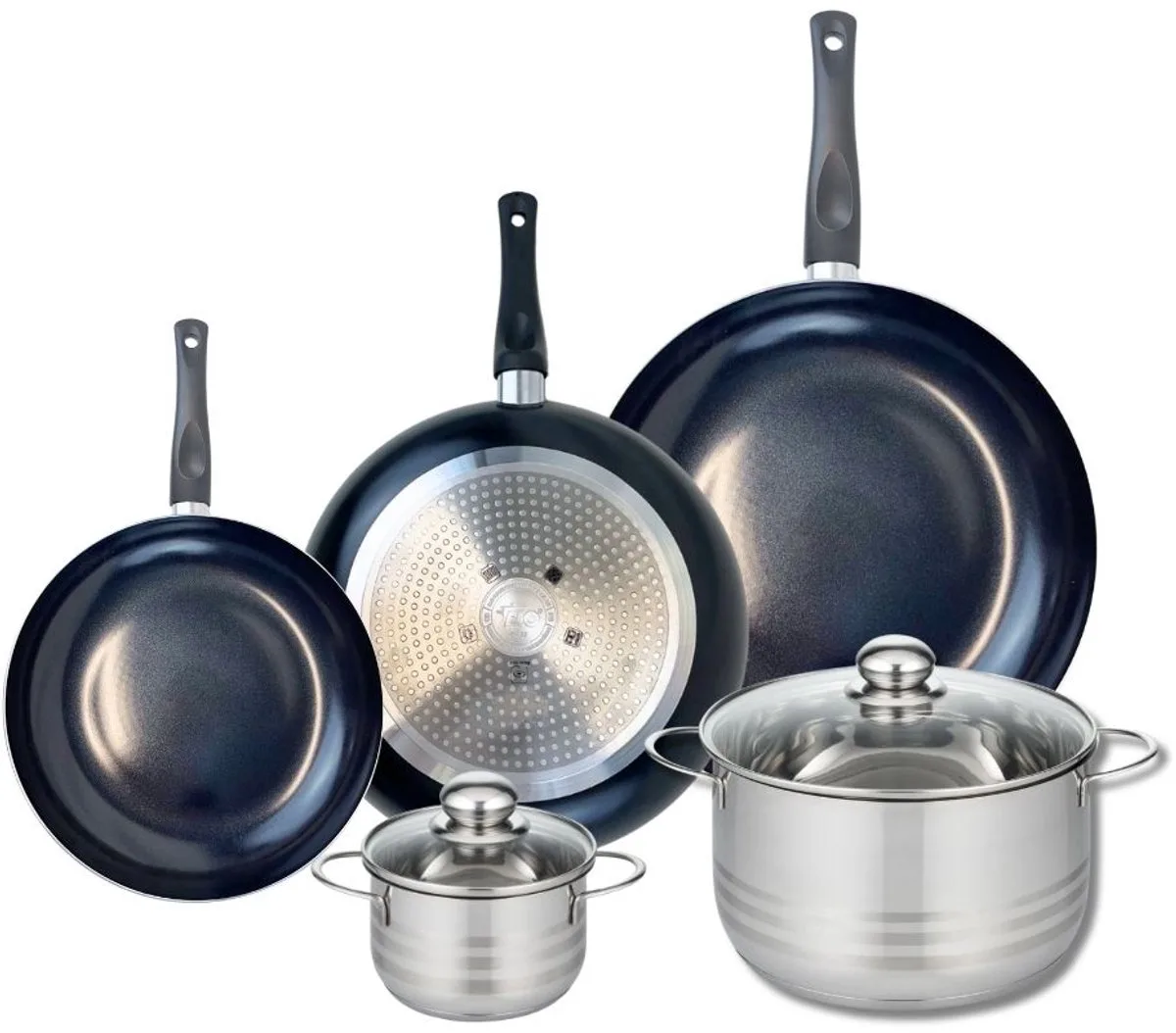 Set van 3 Kookpannen 20, 24 en 28 cm en 2 braadpannen 12 en 20 cm Elo Prima Brillant van Fackelmann in Zwart – productfoto
