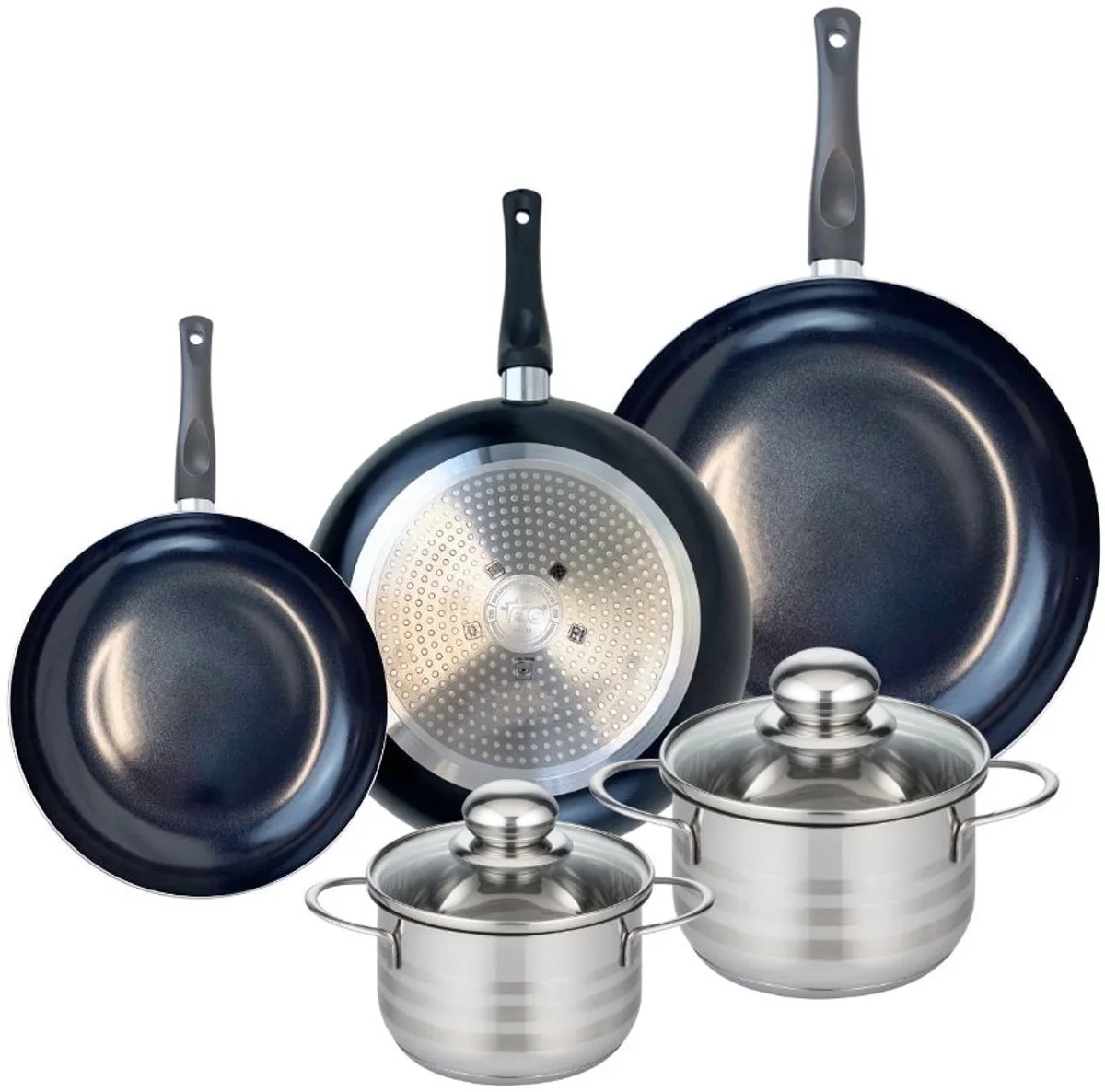 Set van 3 Kookpannen 20, 24 en 28 cm en 2 braadpannen 14 en 16 cm Elo Prima Glanzend van Fackelmann in Zwart – productfoto