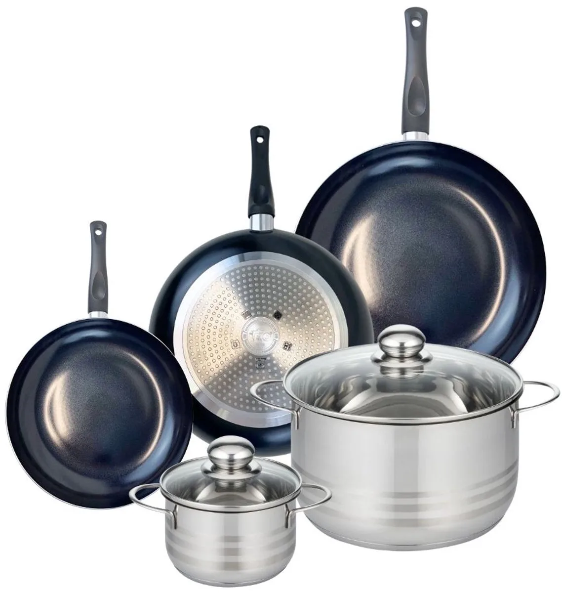 Set van 3 Kookpannen 20, 24 en 28 cm en 2 braadpannen 14 en 24 cm Elo Prima Brillant van Fackelmann in Zwart – productfoto