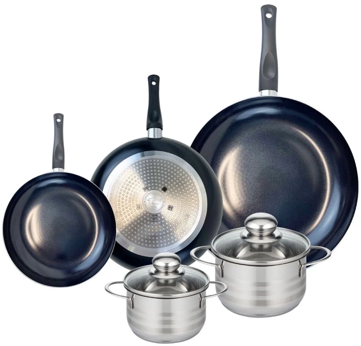 Set van 3 Kookpannen 20, 24 en 32 cm en 2 braadpannen 14 en 16 cm Elo Prima Glanzend van Fackelmann in Zwart – productfoto