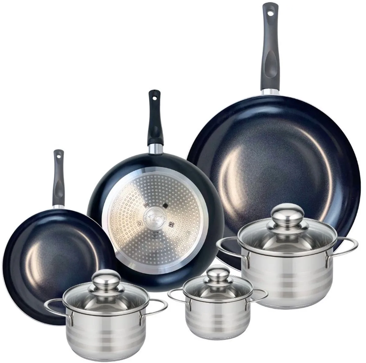 Set van 3 Kookpannen 20, 24 en 32 cm en 3 braadpannen 12, 14 en 16 cm Elo Prima Brillant von Fackelmann in Schwarz – Produktfoto