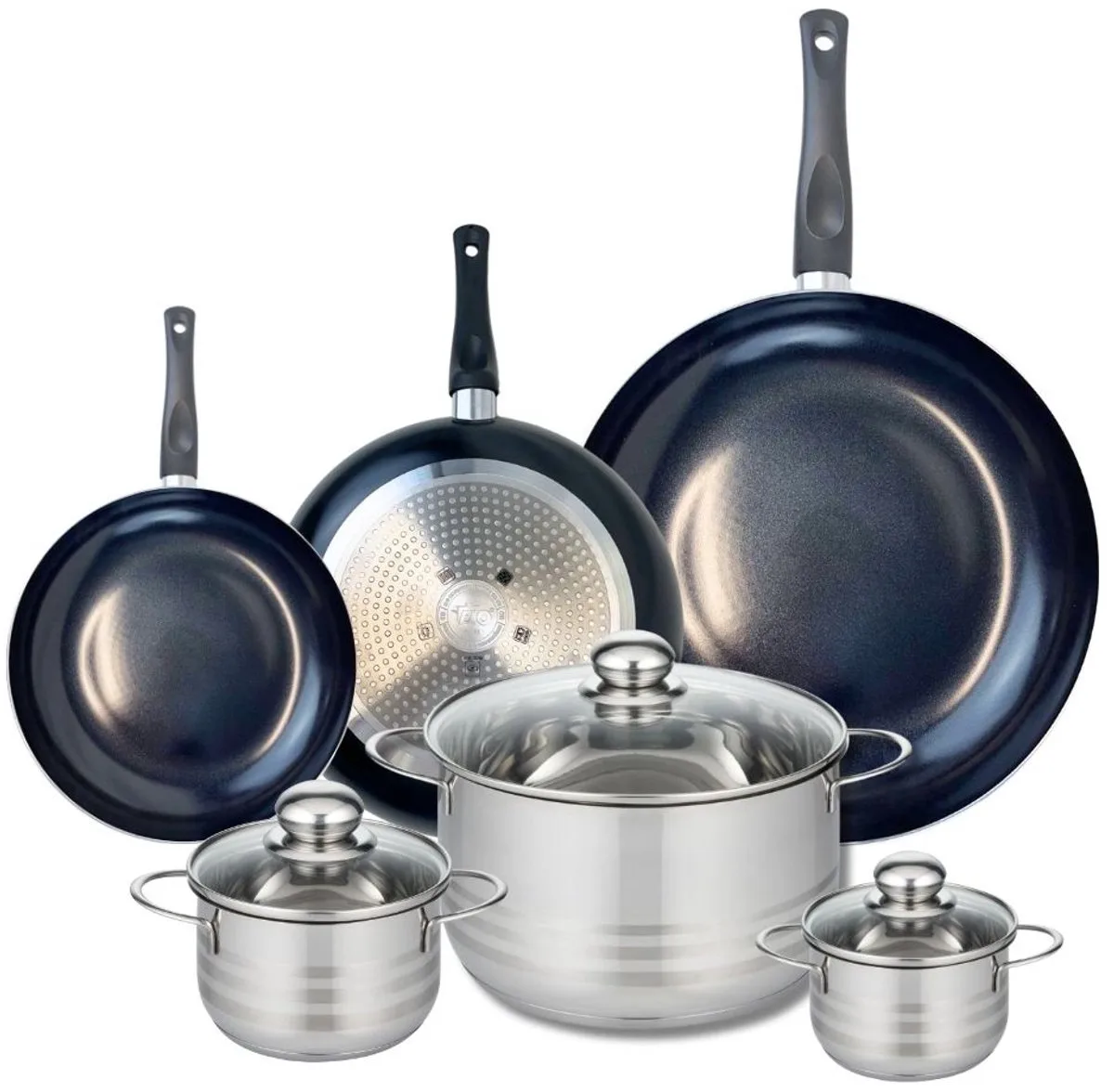 Set van 3 Kookpannen 20, 24 en 32 cm en 3 braadpannen 12, 14 en 24 cm Elo Prima Brillant von Fackelmann in Schwarz – Produktfoto