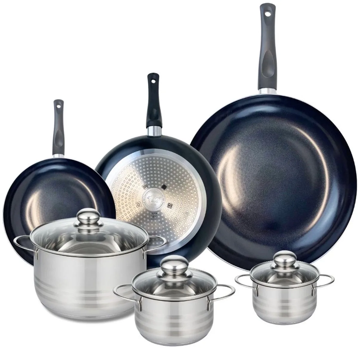 Set van 3 Kookpannen 20, 24 en 32 cm en 3 braadpannen 12, 14 en 20 cm Elo Prima Brillant fra Fackelmann i Sort – produktbillede