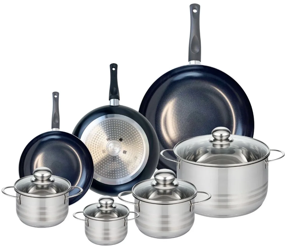 Set van 3 Kookpannen 20, 24 en 32 cm en 4 braadpannen 12, 14, 16 en 24 cm Elo Prima Brillant von Fackelmann in Schwarz – Produktfoto