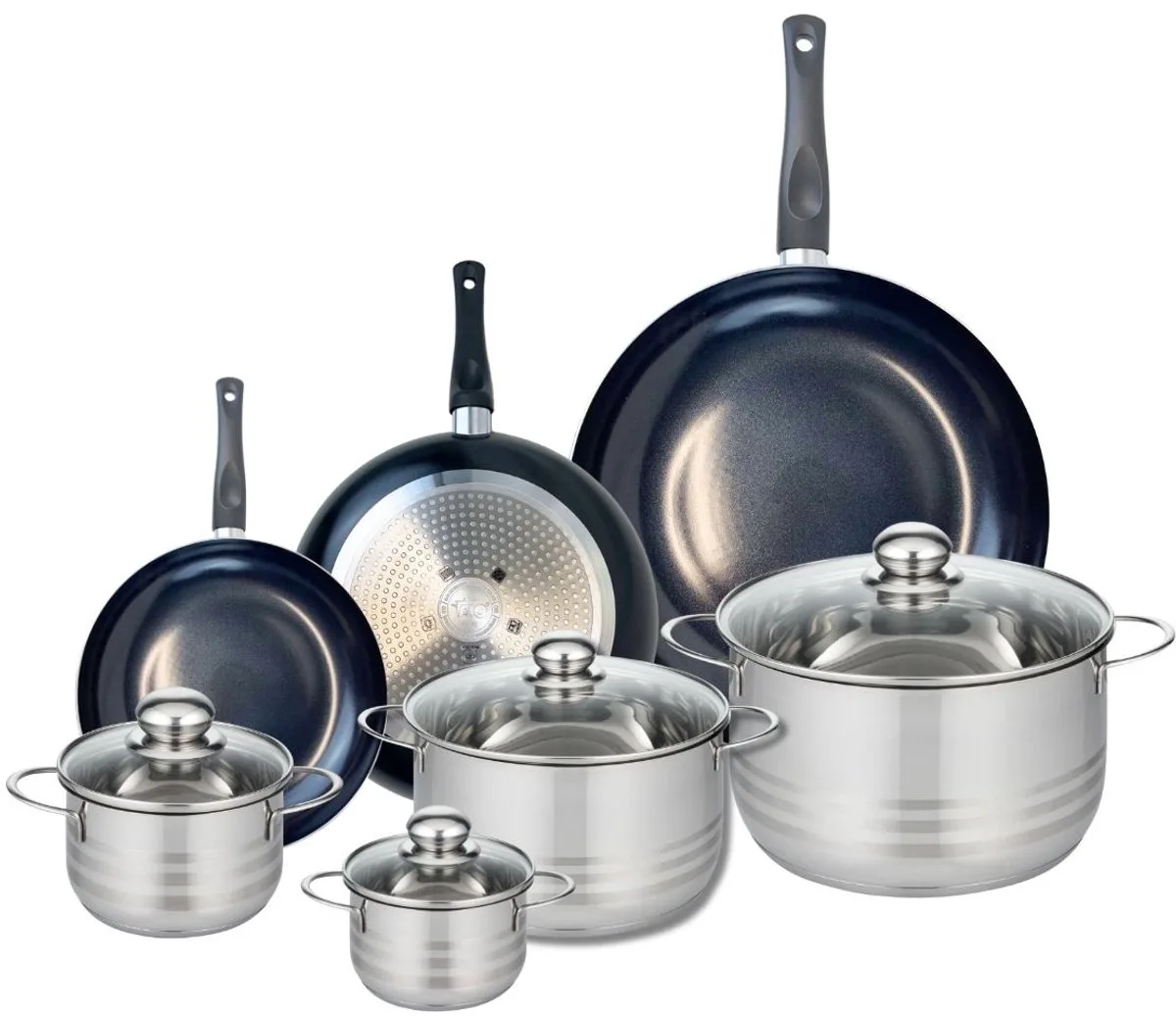 Set van 3 Kookpannen 20, 24 en 32 cm en 4 braadpannen 12, 14, 20 en 24 cm Elo Prima Glanzend fra Fackelmann i Sort – produktbillede