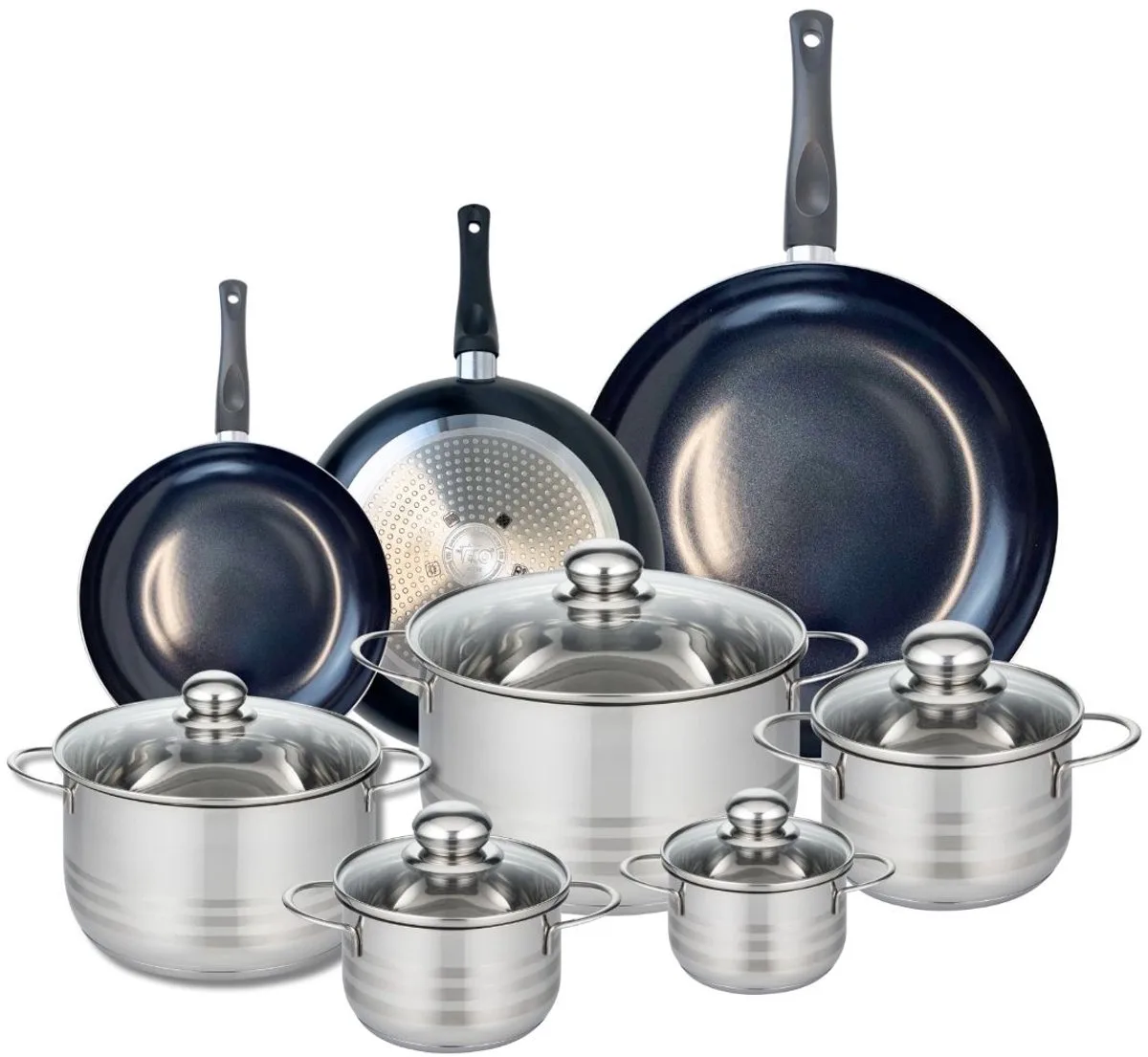 Set van 3 Kookpannen 20, 24 en 32 cm en 5 braadpannen 12, 14, 16, 20 en 24 cm Elo Prima Brillant fra Fackelmann i Sort – produktbillede