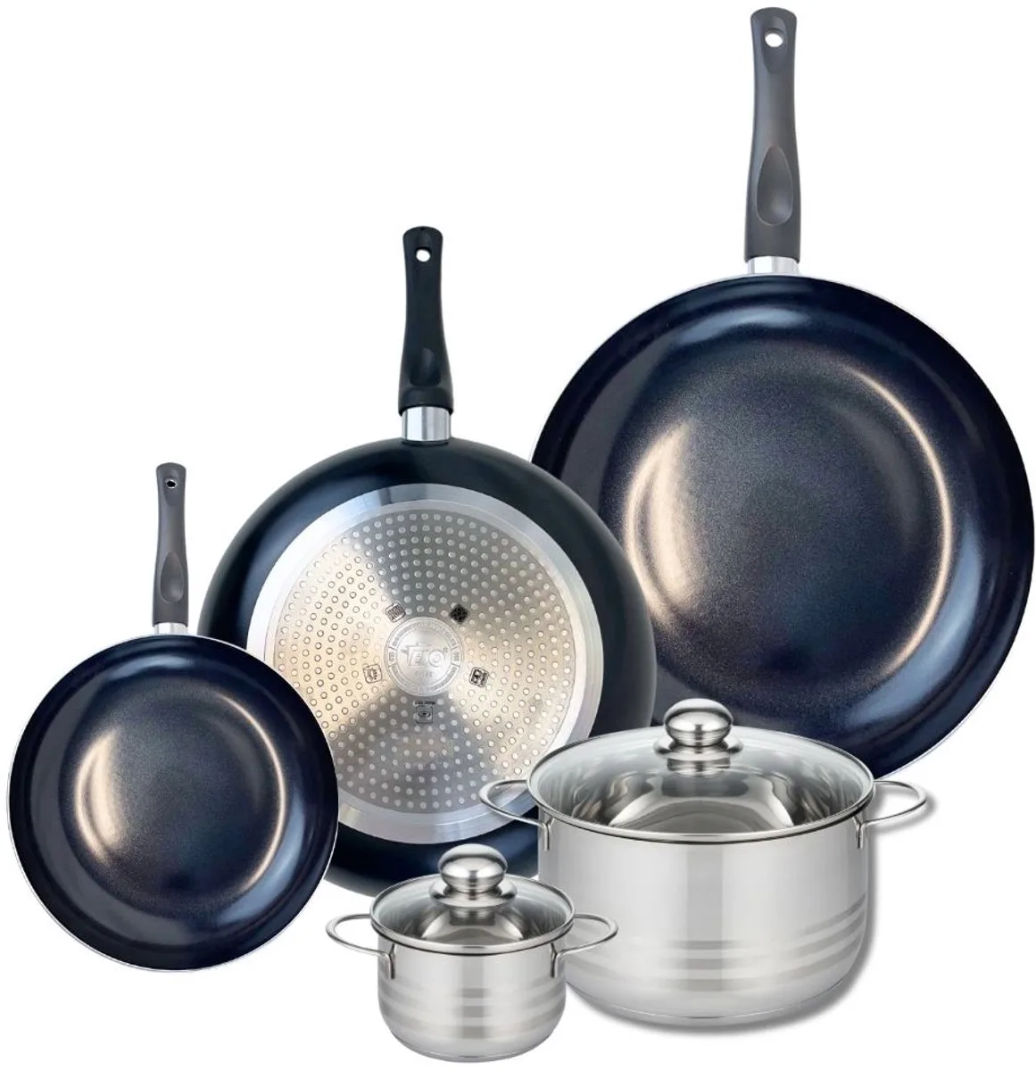 Set van 3 Kookpannen 20, 28 en 32 cm en 2 braadpannen 12 en 20 cm Elo Prima Glanzend de Fackelmann en Noir – photo produit