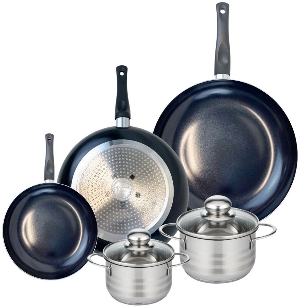 Set van 3 Kookpannen 20, 28 en 32 cm en 2 braadpannen 14 en 16 cm Elo Prima Brillant fra Fackelmann i Sort – produktbillede