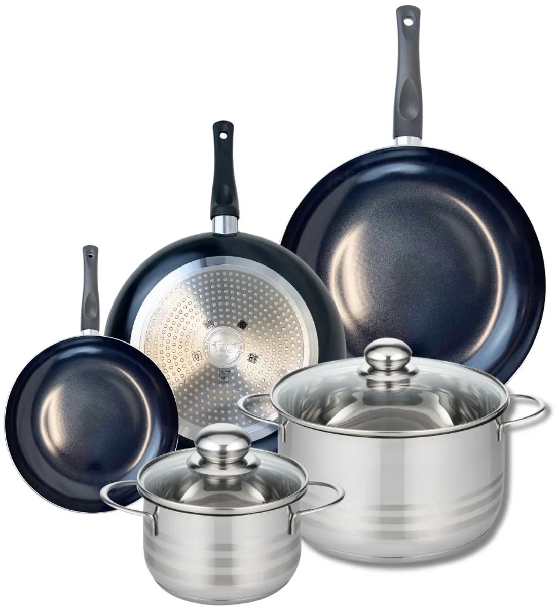 Set van 3 Kookpannen 20, 28 en 32 cm en 2 braadpannen 16 en 24 cm Elo Prima Brillant von Fackelmann in Schwarz – Produktfoto