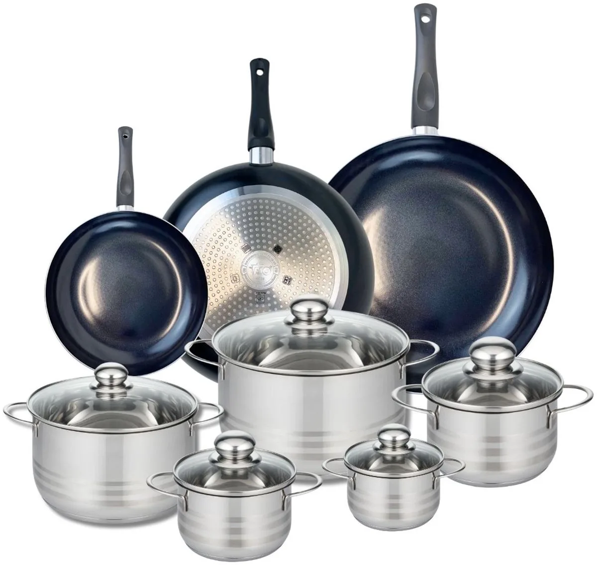 Set van 3 kookpannen 20, 28 en 32 cm en 5 braadpannen 12, 14, 16, 20 en 24 cm Elo Prima Brillant de Fackelmann en Noir – photo produit