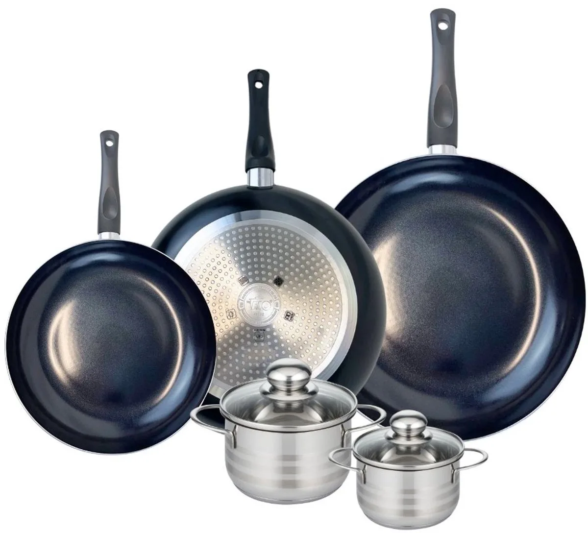 Set van 3 Kookpannen 24, 28 en 32 cm en 2 braadpannen 12 en 14 cm Elo Prima Glanzend de Fackelmann en Noir – photo produit
