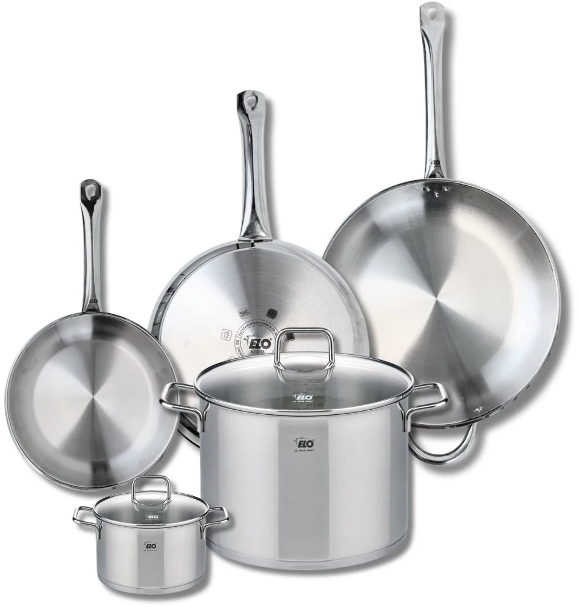 Set van 3 Kookpannen 24, 28 en 32 cm en 2 braadpannen 14 en 26 cm Elo Profi Citrin van Fackelmann in Grijs – productfoto