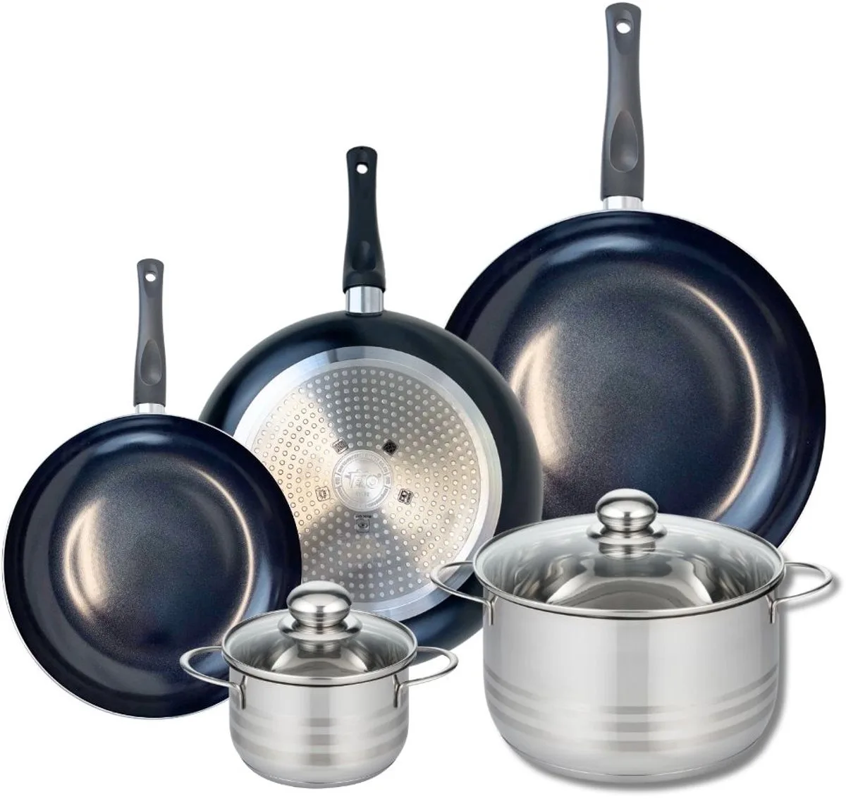 Set van 3 Kookpannen 24, 28 en 32 cm en 2 braadpannen 14 en 24 cm Elo Prima Glanzend de Fackelmann en Noir – photo produit