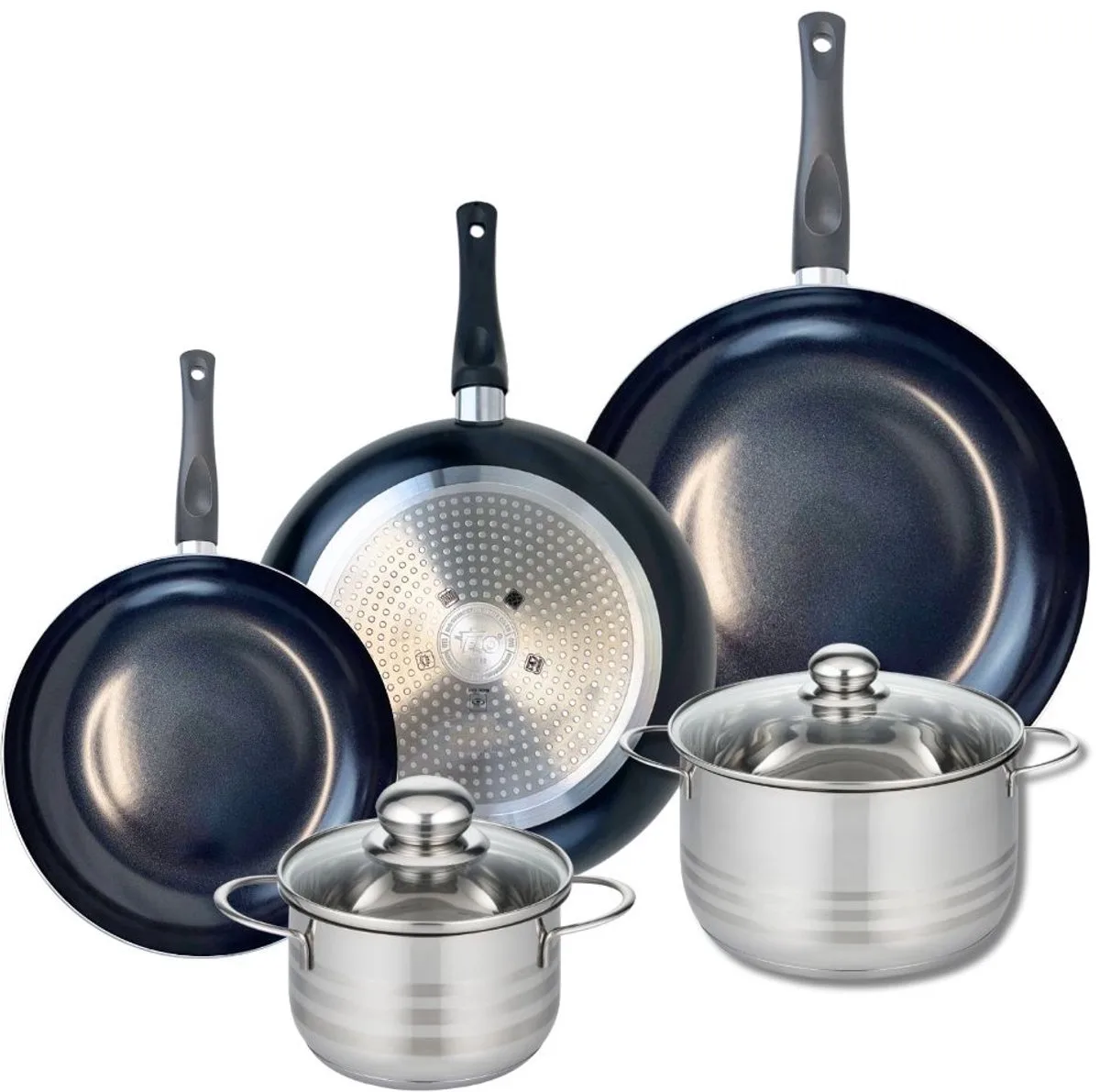 Set van 3 kookpannen 24, 28 en 32 cm en 2 braadpannen 16 en 20 cm Elo Prima Brillant von Fackelmann in Schwarz – Produktfoto