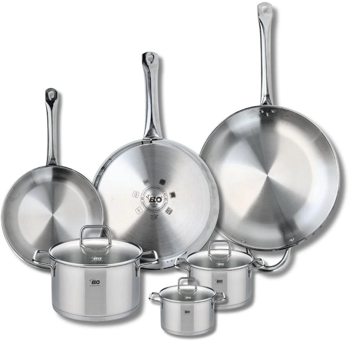 Set van 3 Kookpannen 24, 28 en 32 cm en 3 braadpannen 12, 14 en 20 cm Elo Profi Citrin van Fackelmann in Grijs – productfoto